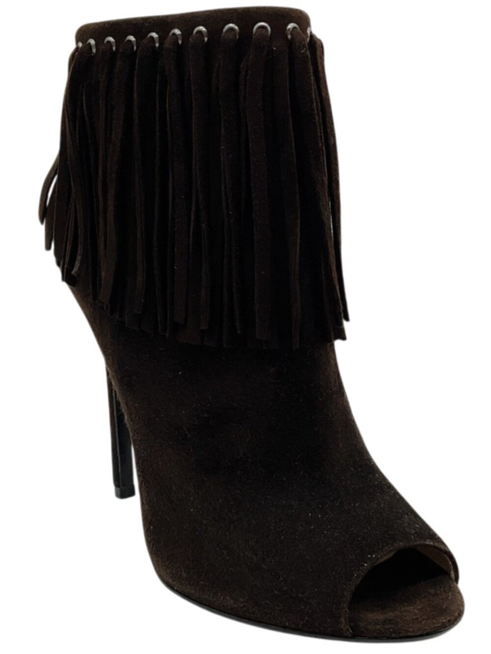 Prada Dark Brown Suede Fringe Peep Toe Booties
